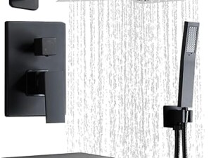 Matte Black Faucet Set Shower Head with Tub Spout and Handle System Square Wall Mount for Bathroom