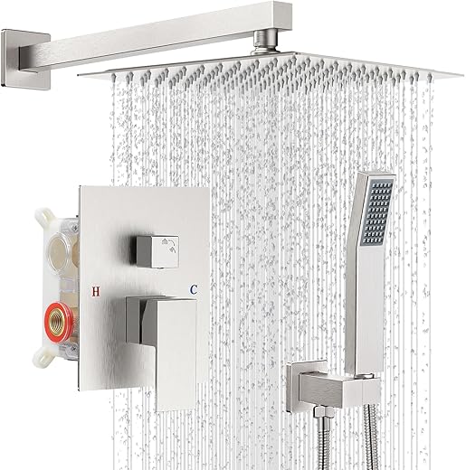 Shower Faucet Set with Shower Head, Wall Mount 10 Inch Square Rainfall Shower Head and Handle Set Single Handle Shower System Set with Female Threads Valve Body and Trim...